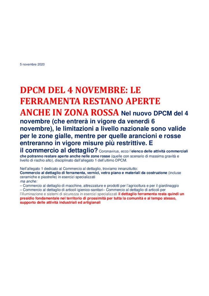 DPCM DEL 4 NOVEMBRE 2020